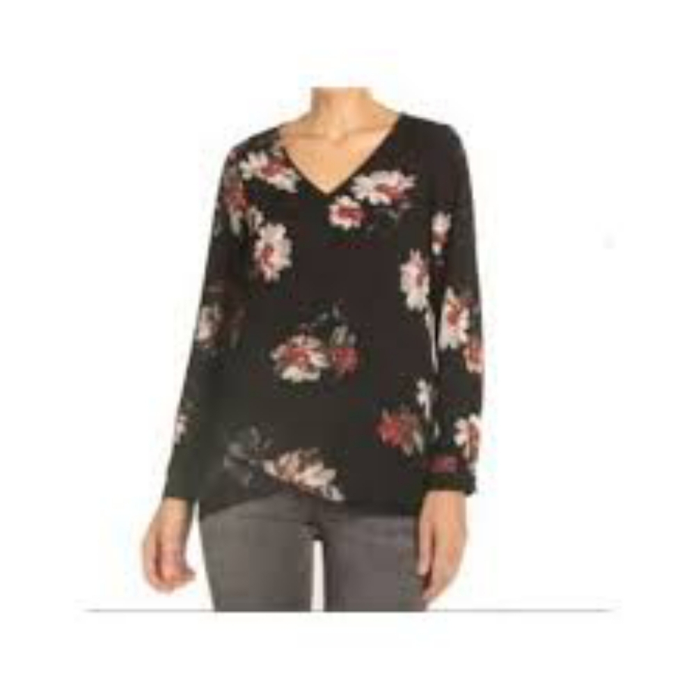 Chelsea & Theodore Black and Red Oversized Floral Vneck Blouse